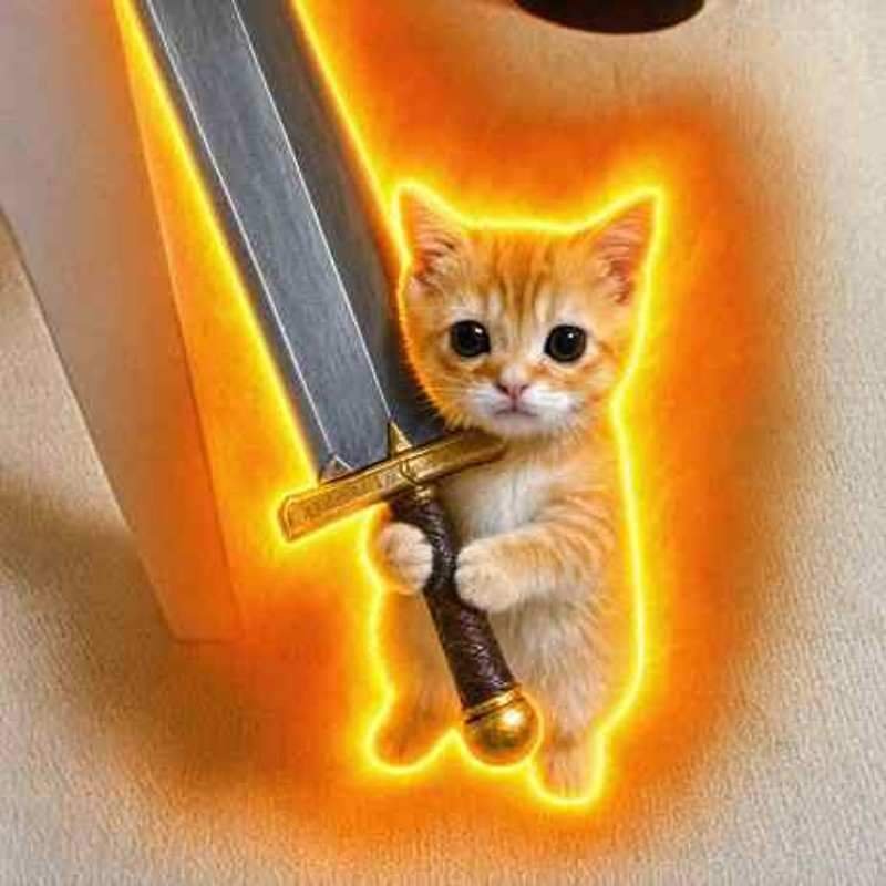 a tiny orange kitten standing on its back legs hugging a giant steel sword, glowing with a yellow-orange aura